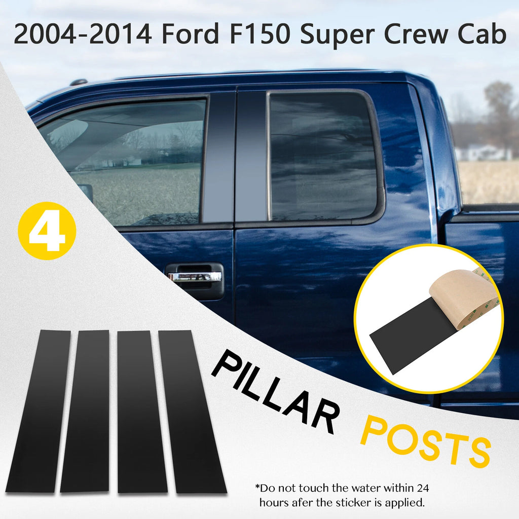 Set of 4 Door Trim Pillar Posts for Ford F150 Super Crew Cab (2004–2014) Glossy Black