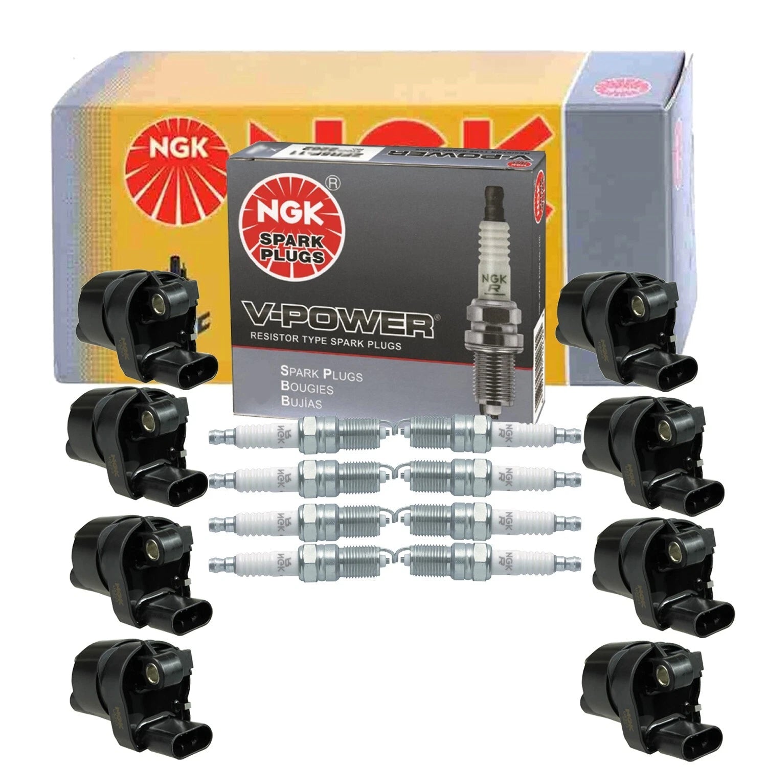 Set of 8 NGK Ignition Coils & V-Power Spark Plugs for Cadillac Chevrolet