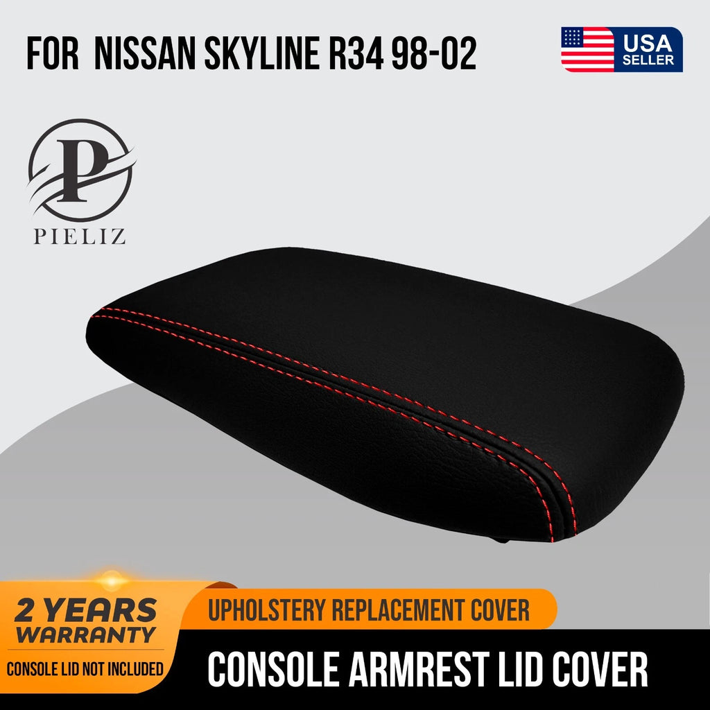 Leather Console Lid Armrest Cover for Nissan Skyline R34 (1998–2002) Red Stitch