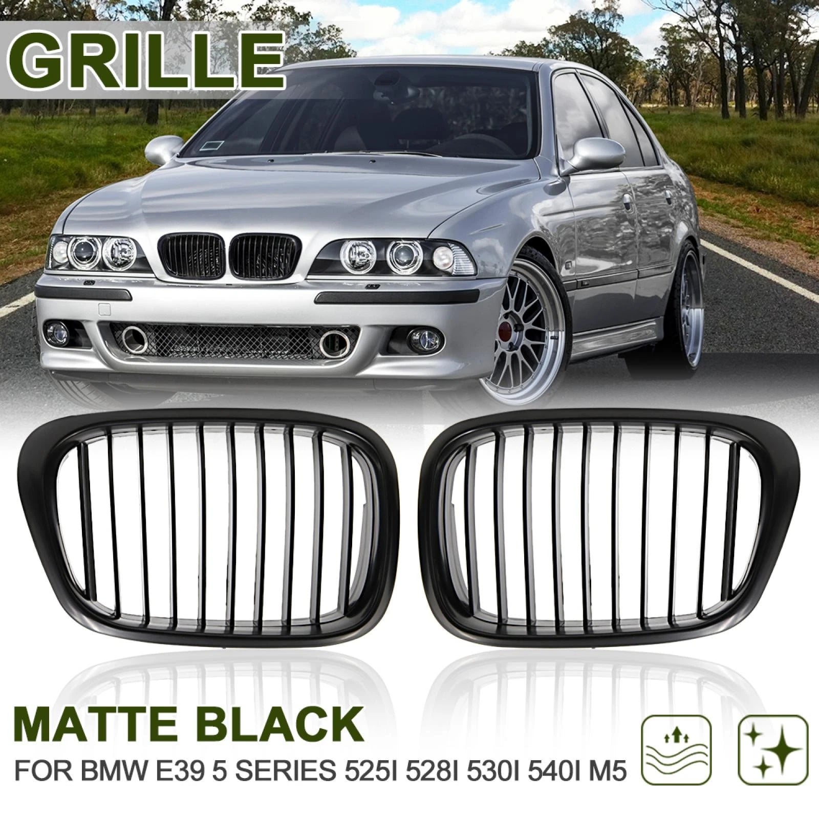Front Upper Hood Kidney Grille Matte Black for BMW E39 525i 528i 540i M5 (1996–2003)