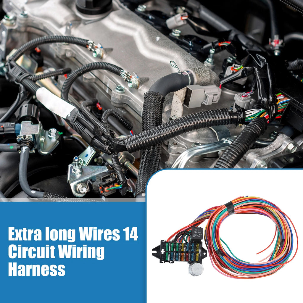 Set of 1 Universal 14 Circuit Wiring Harness Kit with Fuses for GM, Ford