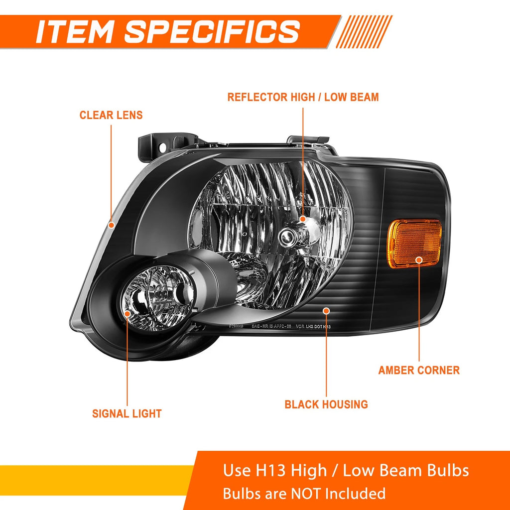 Pair of Black Housing Headlights with Amber Corner Signal for Ford Explorer (2006–2010)