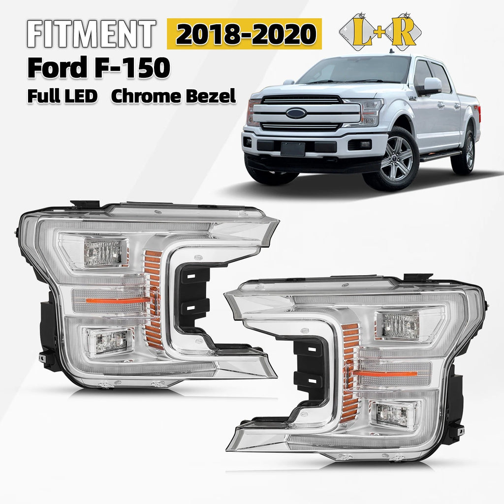 Full LED Headlight Set for Ford F-150 (2018–2020) w/Chrome Bezel