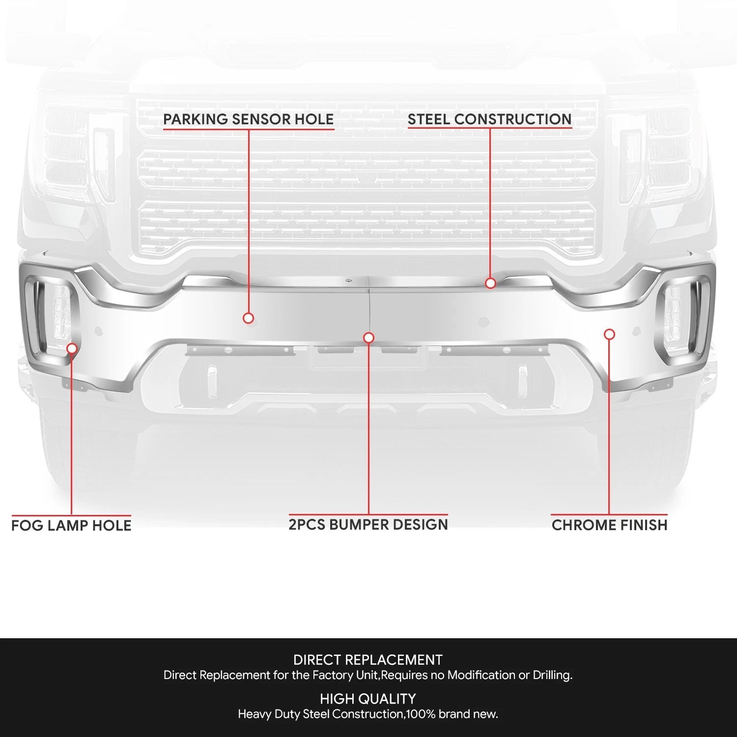Chrome Front Bumper Face Bar w/ Sensor Holes for GMC Sierra 2500 3500 HD (2020–2023)