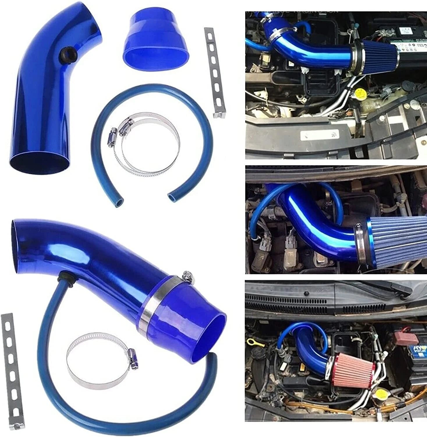 3 Inch Universal Cold Air Intake Pipe Tube Hose Kit Filter System Blue