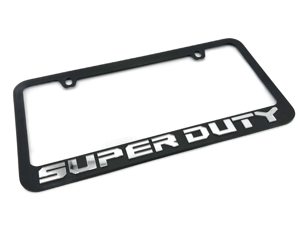 Matte Black License Plate Frame w Large Chrome 3D Ford Super Duty Logo (OEM)