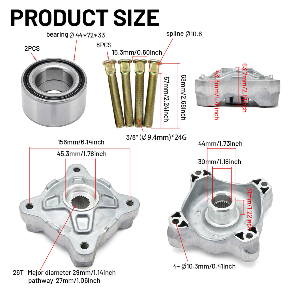 Front & Rear Wheel Hubs & Bearings for Polaris RZR-800 (2008–2014)