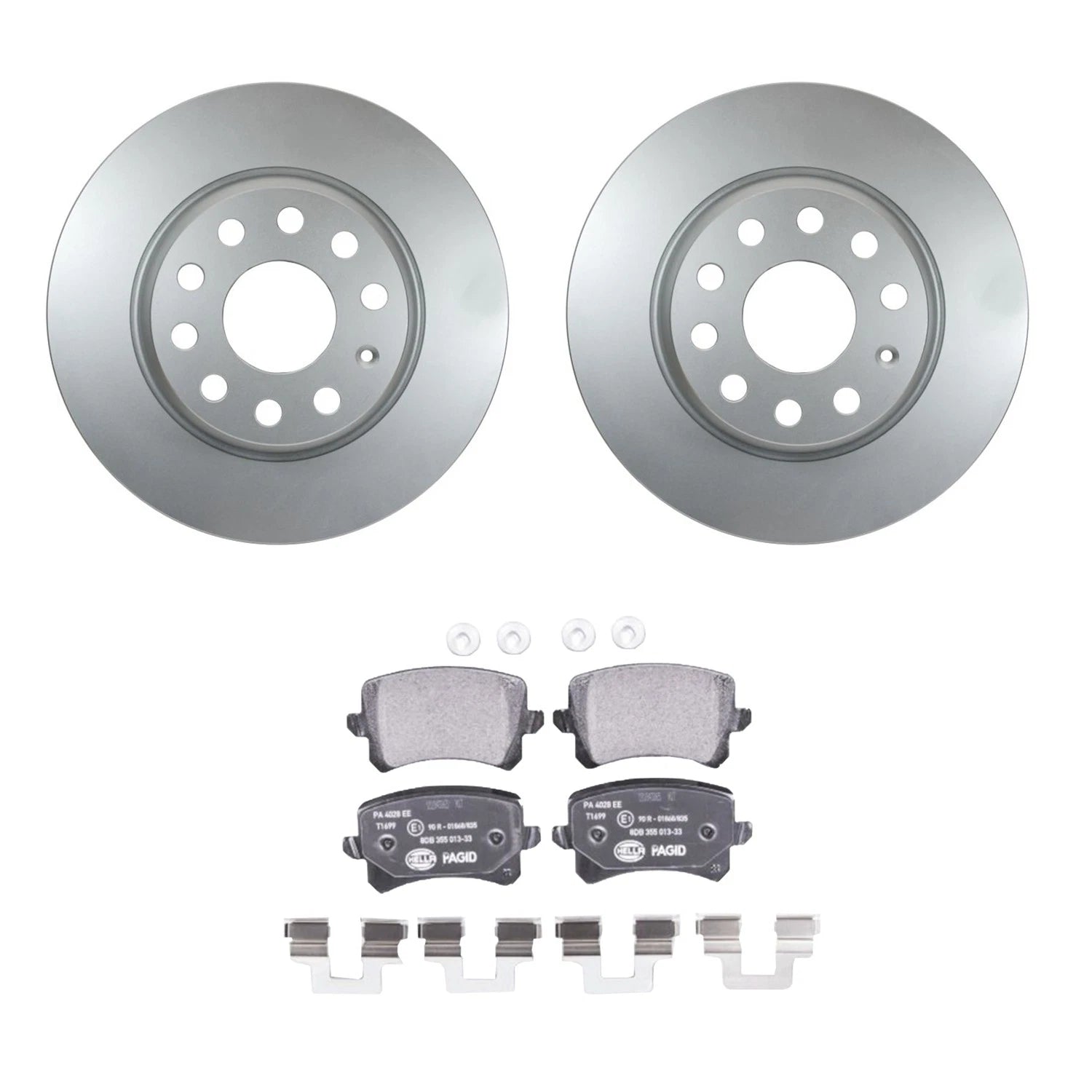 Hella Rear Rotors & Low-Met Disc Brake Pad Kit for Audi Q3, VW CC, Passat, Tiguan