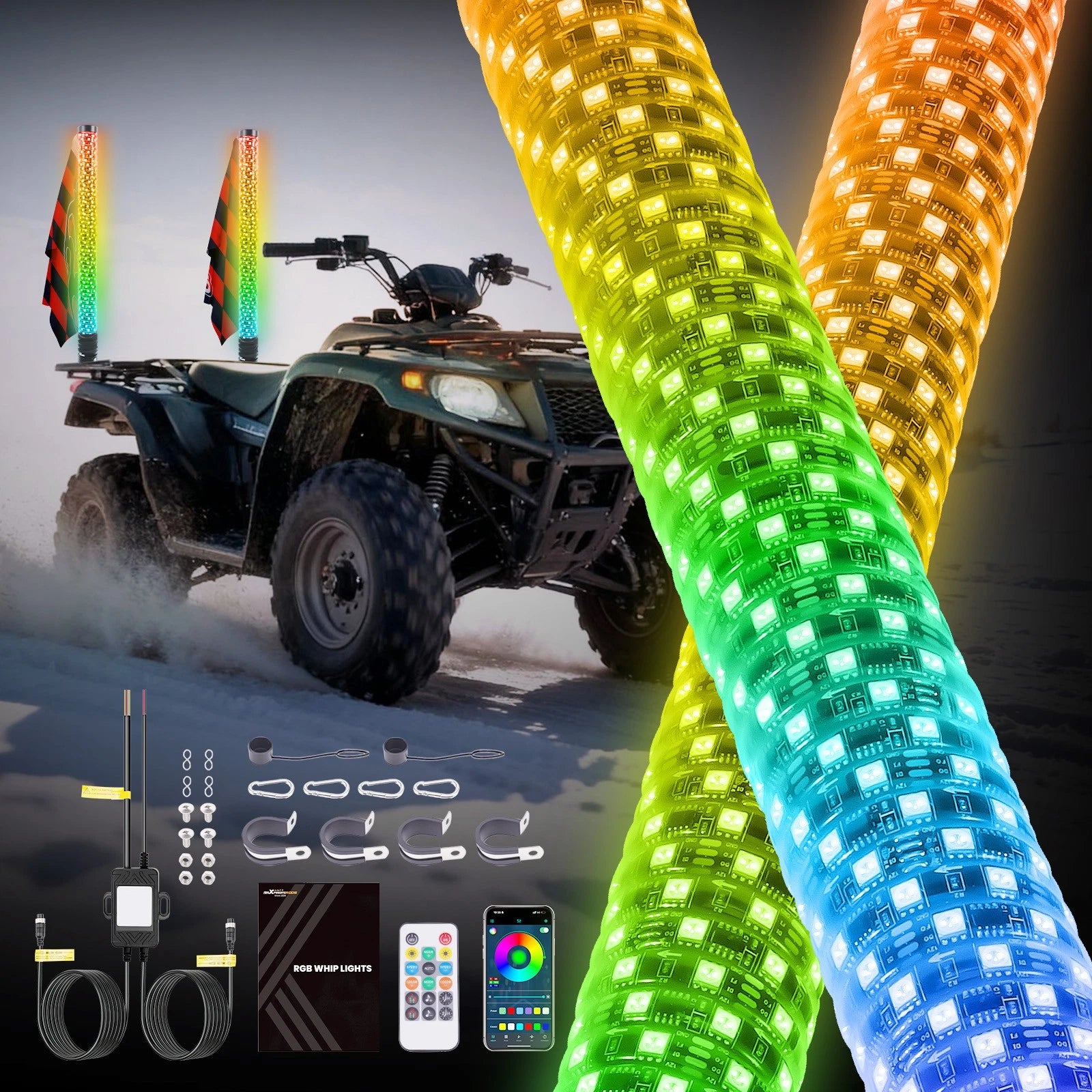2FT LED Whip Lights for ATV UTV Golf Cart (RGB, App Remote)