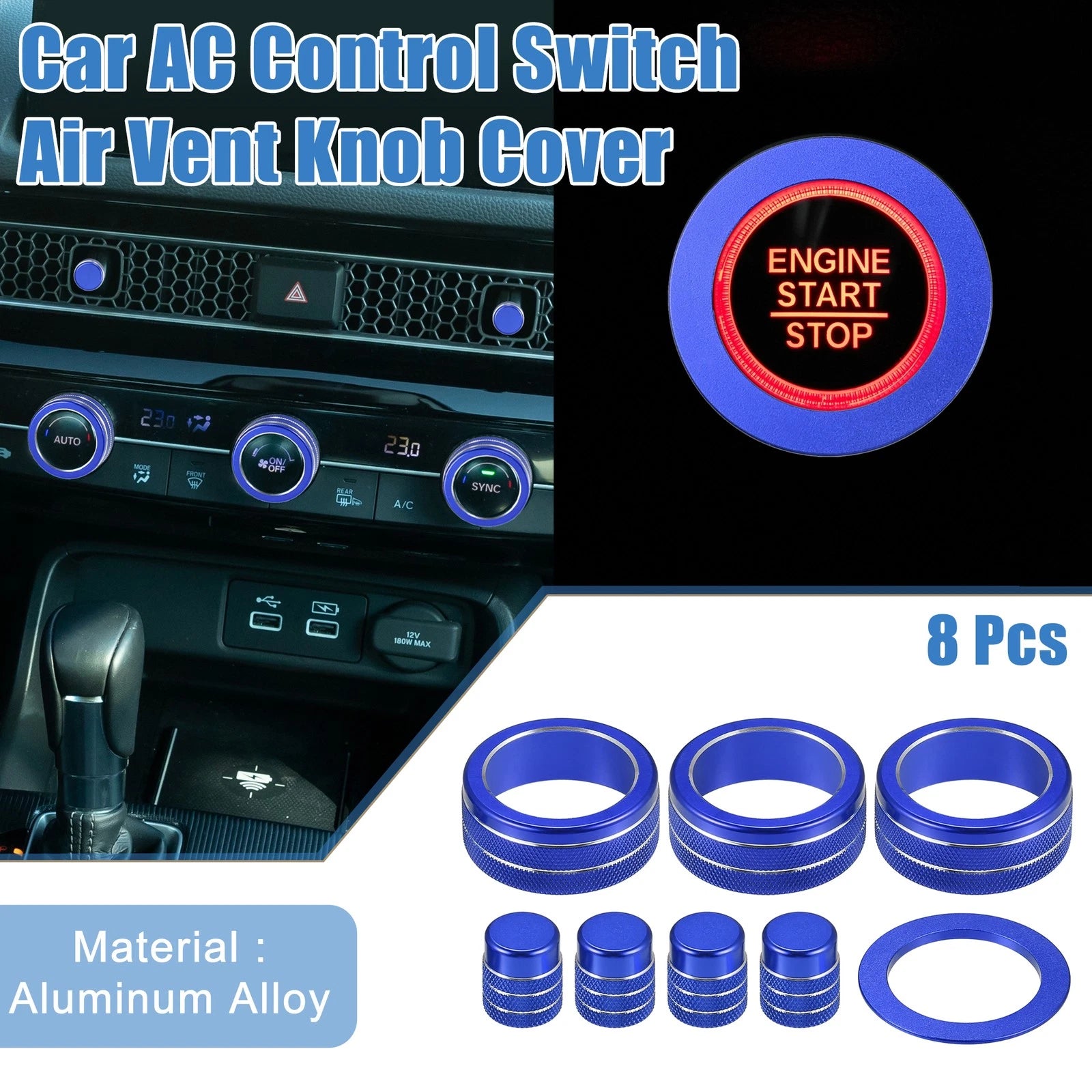 8pcs AC Switch Air Vent Knob Engine Button Cover for Honda Civic (2022–2023) Blue