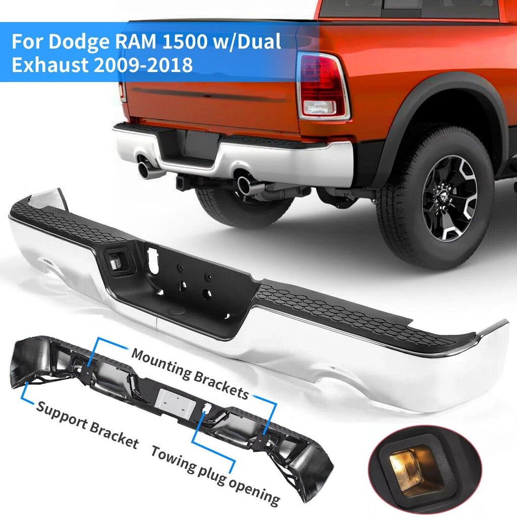 Chrome Rear Bumper for Dodge RAM 1500 (2009–2018) w/ Dual Exhaust