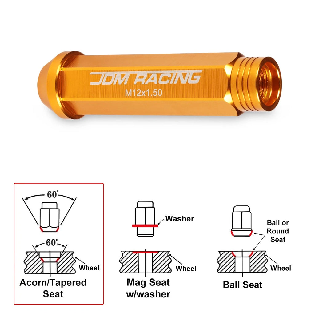 Set of 20 M12X1.5 Orange JDM Open End Conical Wheel Lug Nuts + Extension 25mm