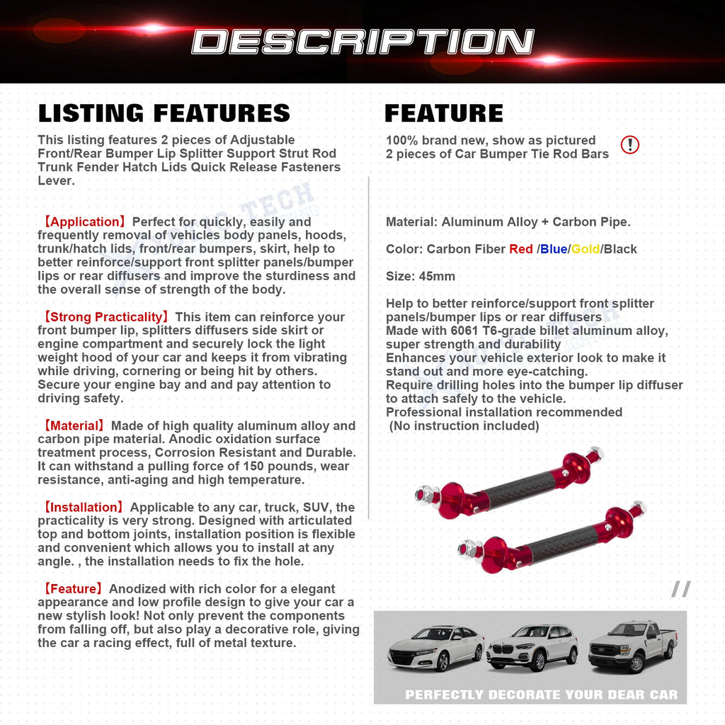 Adjustable Front Rear Bumper Lip Splitter Support Strut Rod for Universal (-)
