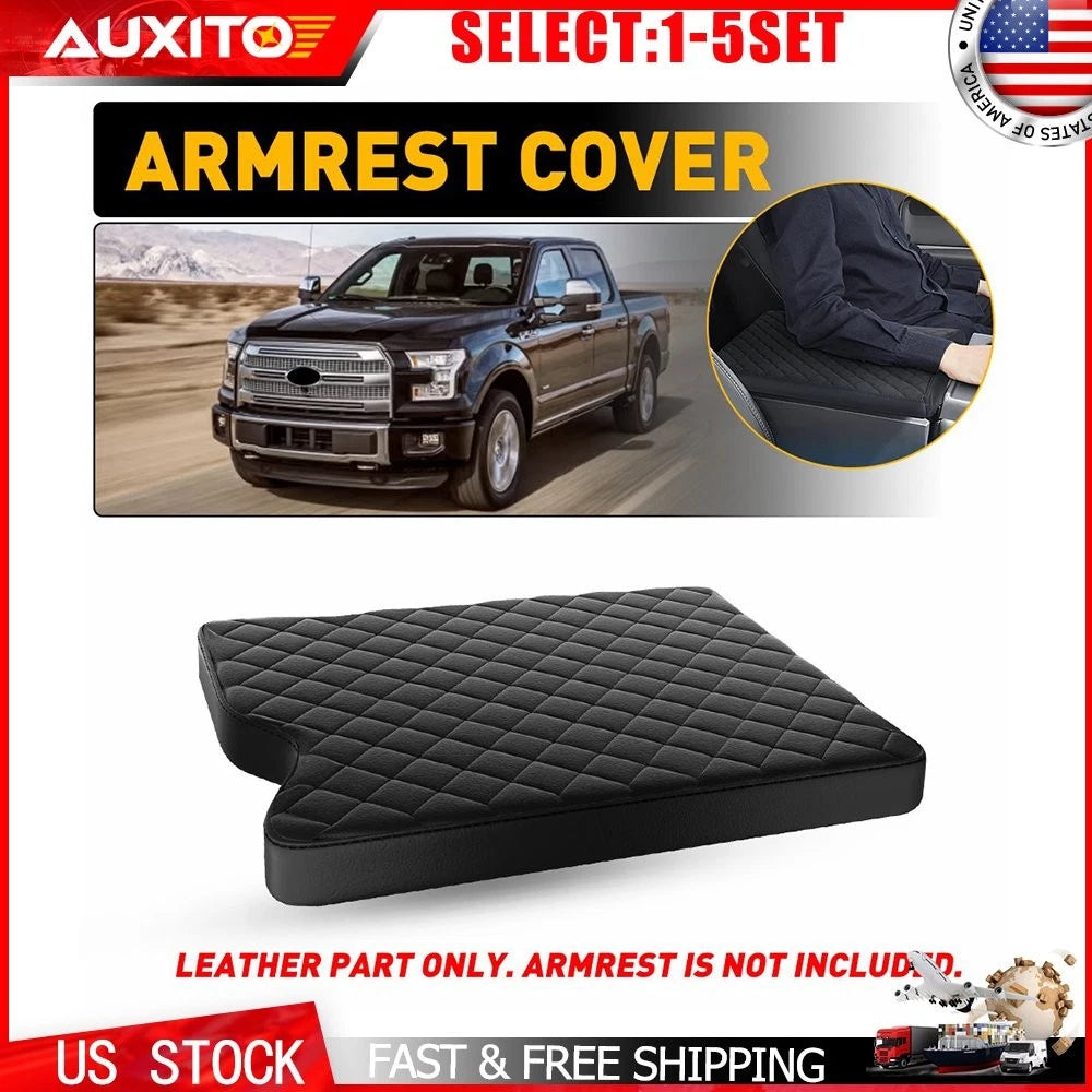 Black Leather Console Lid Armrest Cover Pad for Ford F150 F250 F350 (2015–2022)