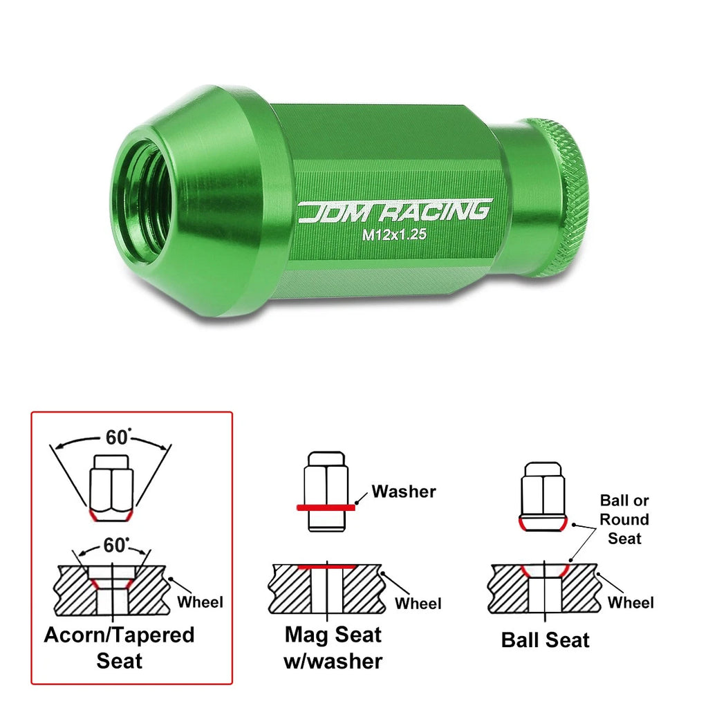 20Pc M12X1.25 Green JDM Open-End Acorn Hex Wheel Lug Nuts + Extension 25mm