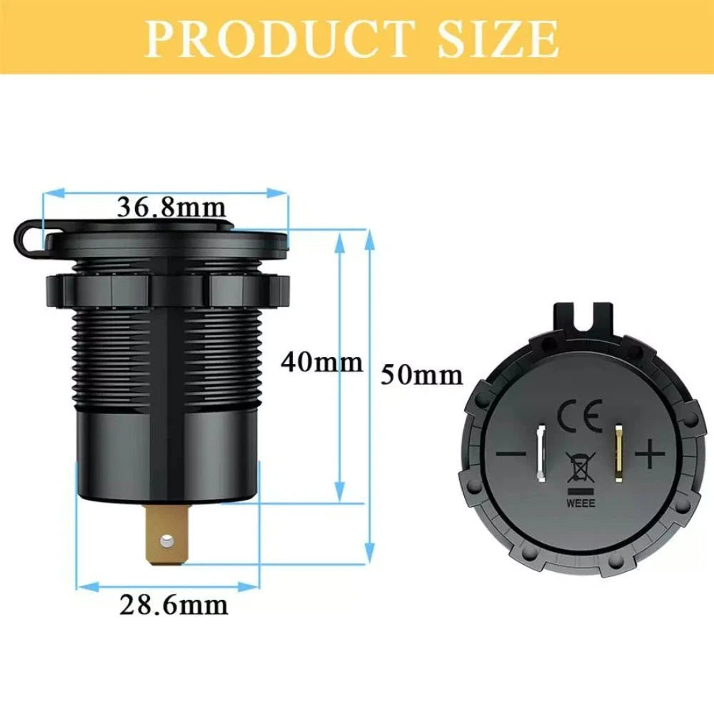 Dual USB Fast Charger Cigarette Lighter Socket with LED Voltmeter (12V-24V)