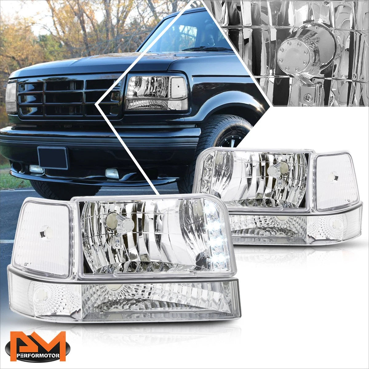 LED DRL Headlight for Ford F150/F250/F350 (1992–1996) Chrome Housing Clear Corner