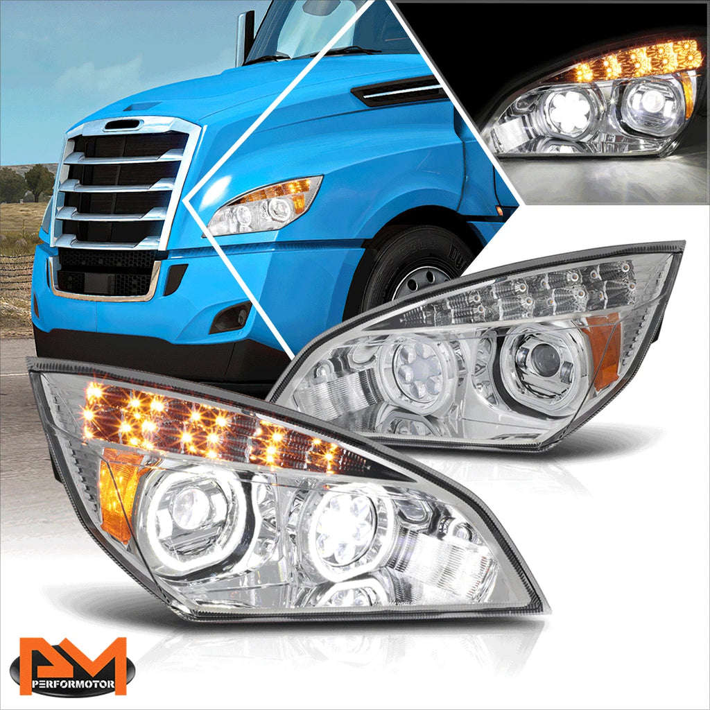 Dual Halo LED Turn Signal Projector Headlights for Freightliner Cascadia (2018–2024)