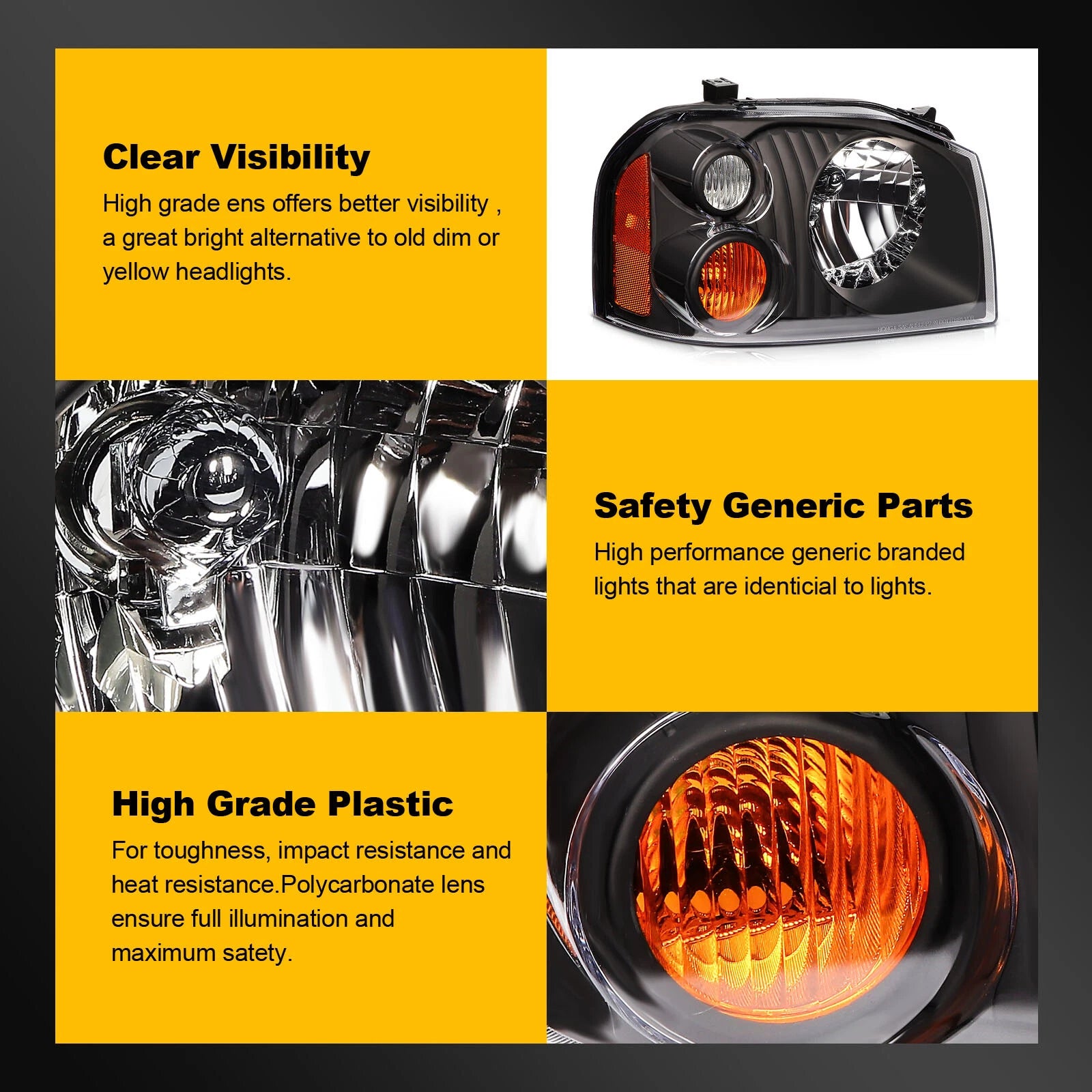 Set of 2 Headlight Assemblies for Nissan Frontier (2001–2004) Black Housing