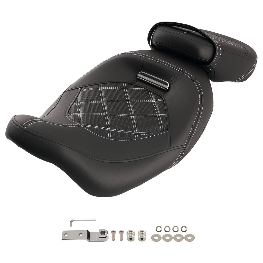 Black PU Seat for Harley Touring (2009–2024) Driver Passenger White Stitching