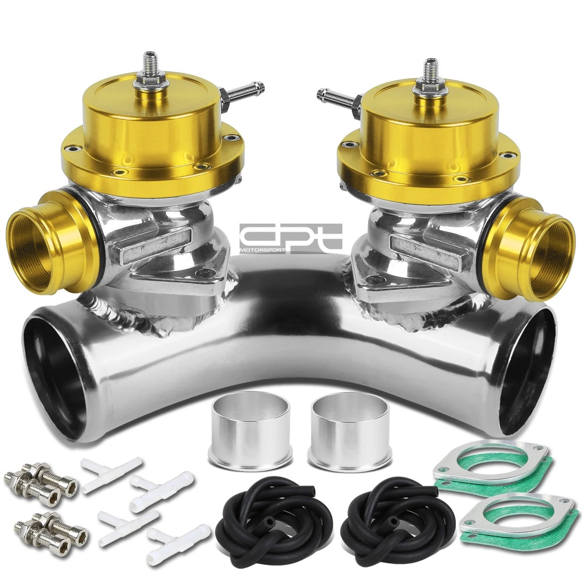 2X Type-S 2.5" 70 Degree Twin Flange Pipe Adaptor + Turbo Blow Off BOV Gold