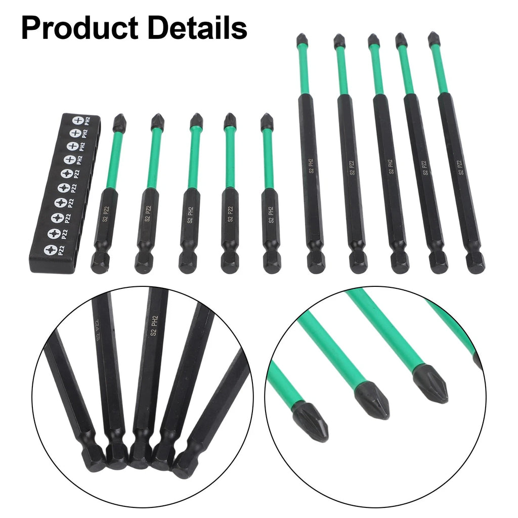 Set of 10 Magnetic Screwdriver Bits PZ2 PZ3 PH2 for Electric Driver