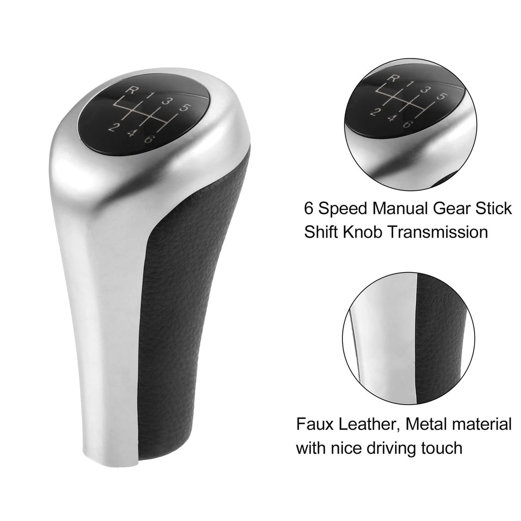 6 Speed Manual Shift Knob for BMW (Faux Leather Black Matte Silver Tone)