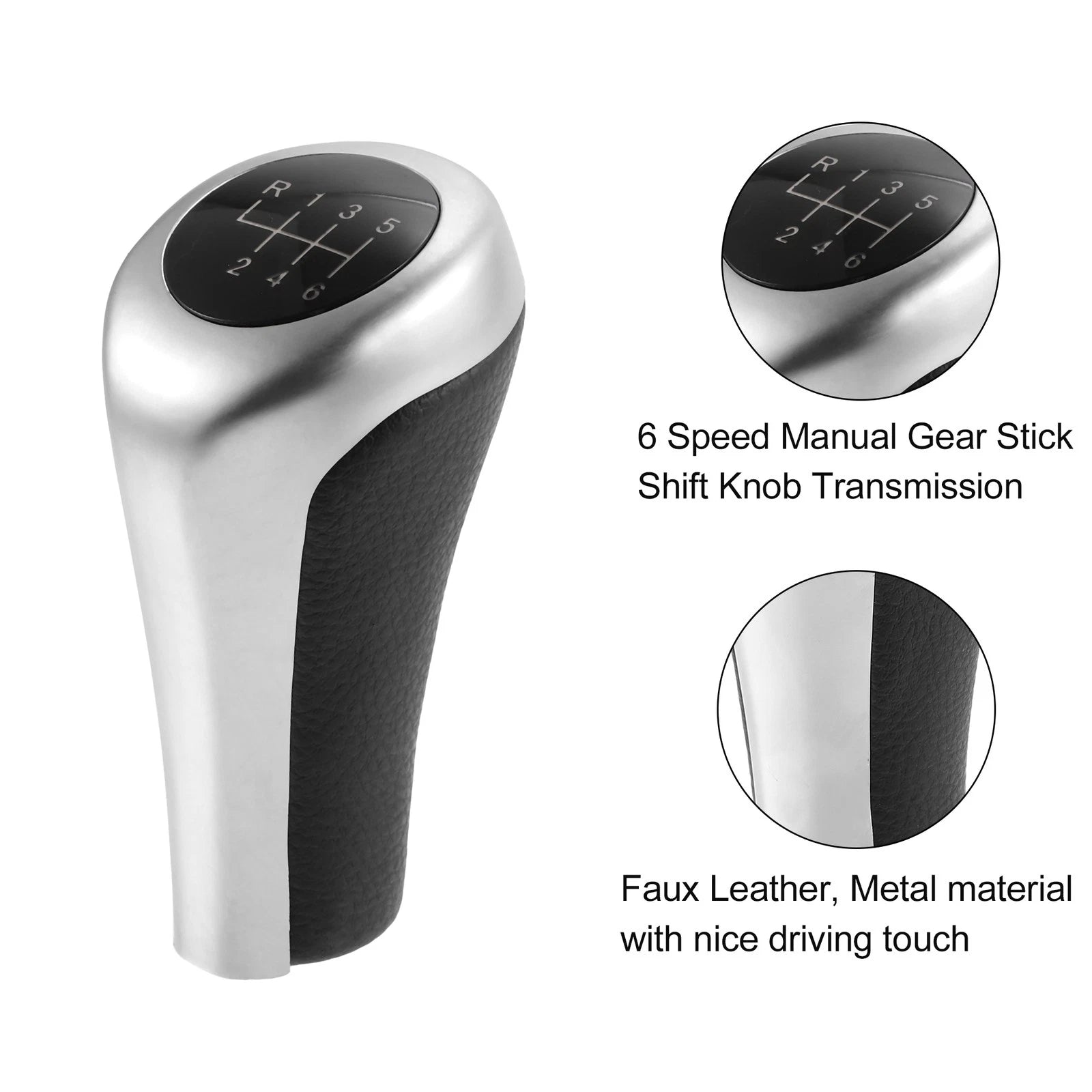 6 Speed Manual Shift Knob for BMW (Faux Leather Black Matte Silver Tone)