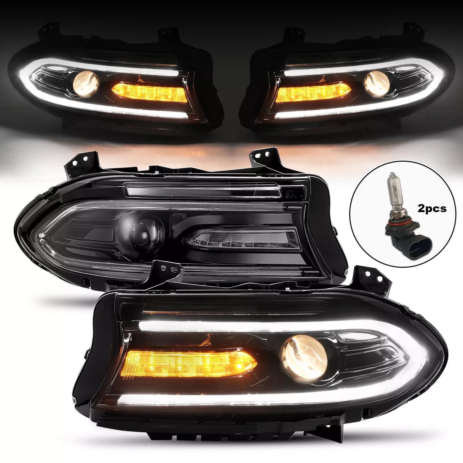 Pair LED DRL Projector Headlights for Dodge Charger (2015–2023) LH+RH
