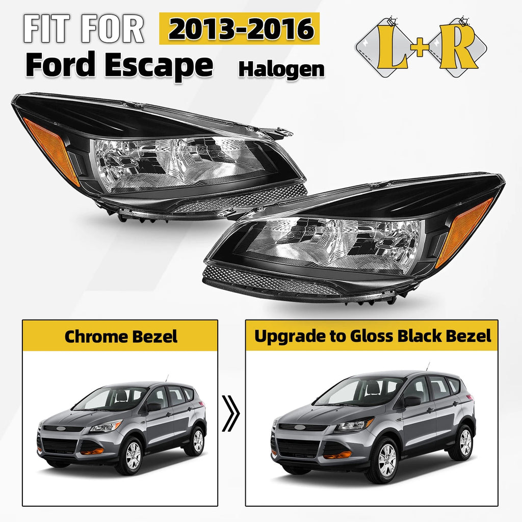 Set of 2 Halogen Headlights for Ford Escape (2013–2016) - Black Housing