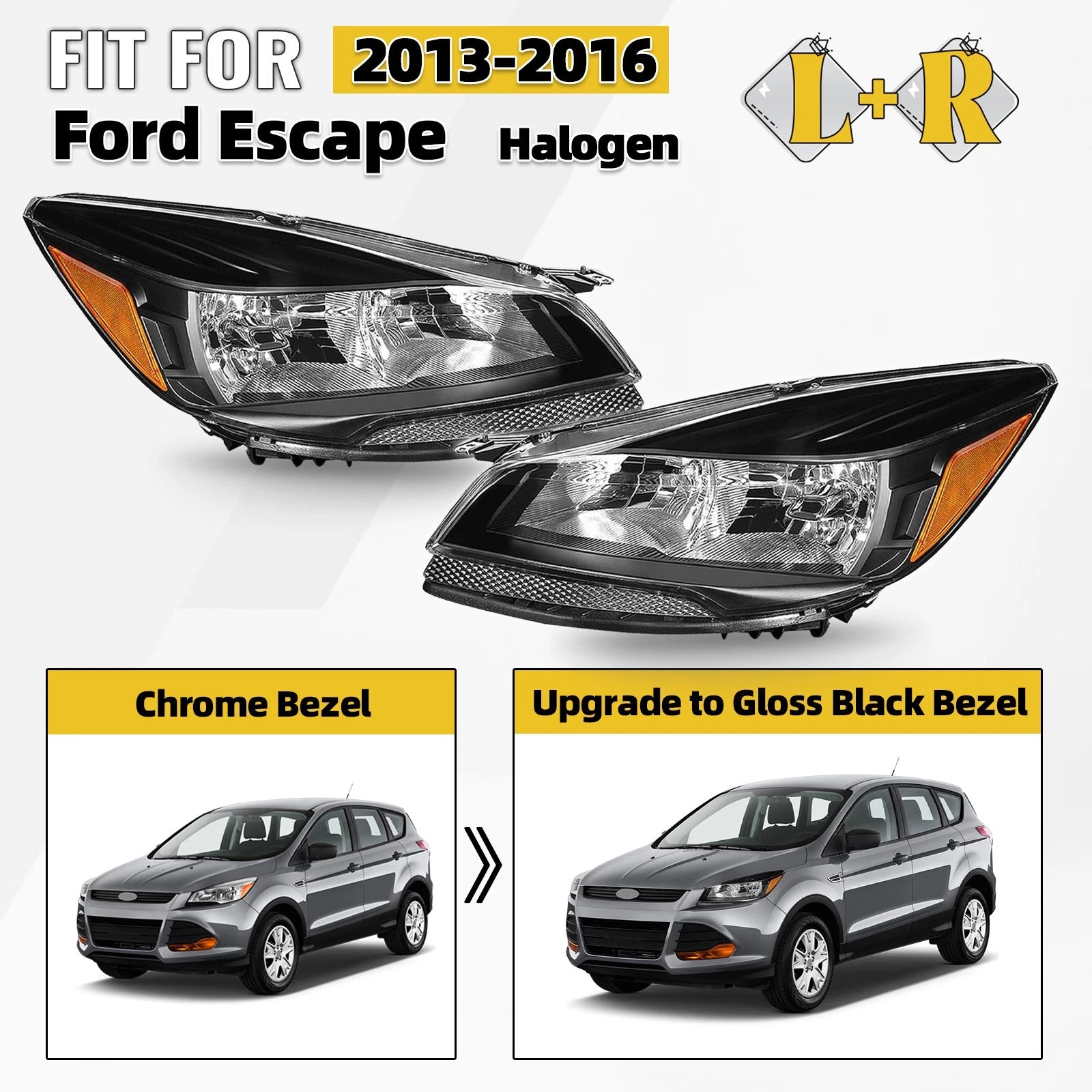 Set of 2 Halogen Headlights for Ford Escape (2013–2016) - Black Housing