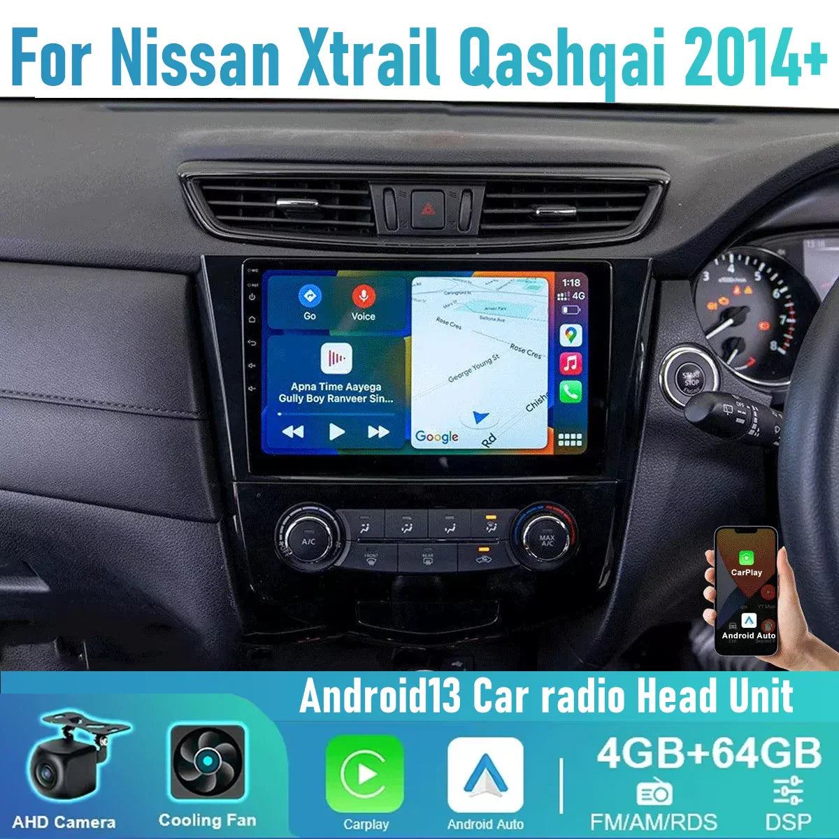 10" Wireless Carplay Android Auto Head Unit for Nissan X-Trail Qashqai (2014-2022)