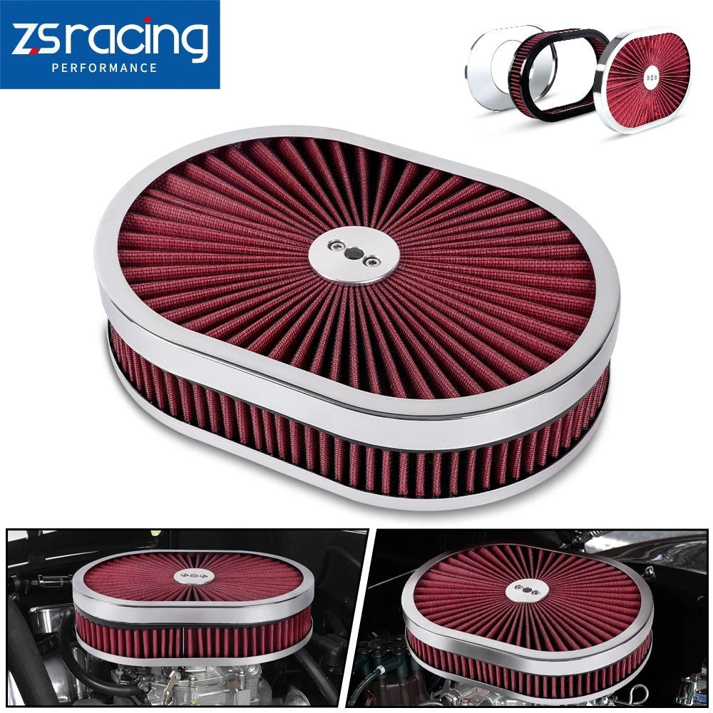 12" Oval Super Flow Thru Air Cleaner for SBC Chevy Ford (5-1/8 Carb Neck)