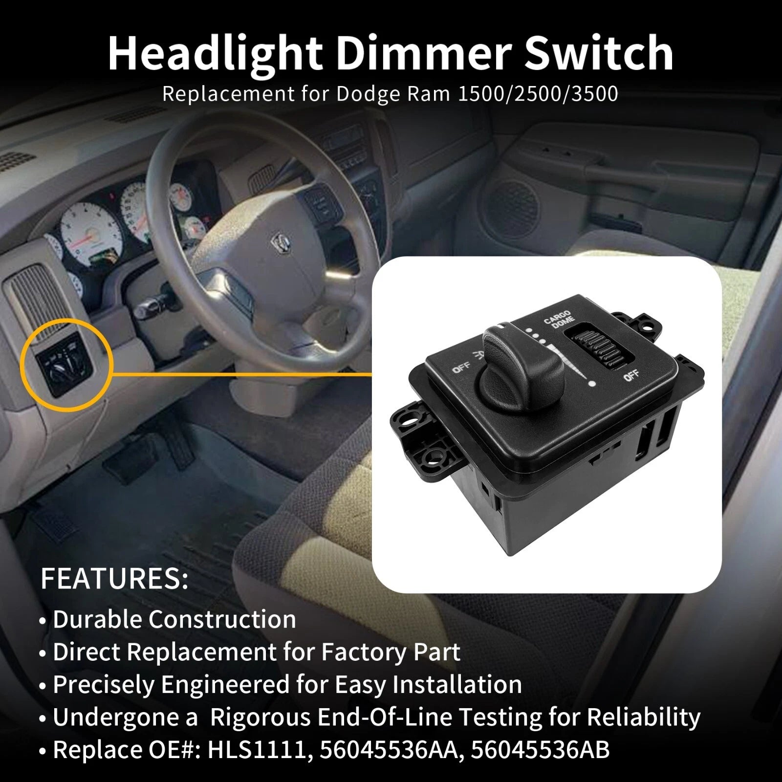 Headlight Headlamp Dimmer Switch for Ram 1500 2500 3500 (w/o Foglamp)