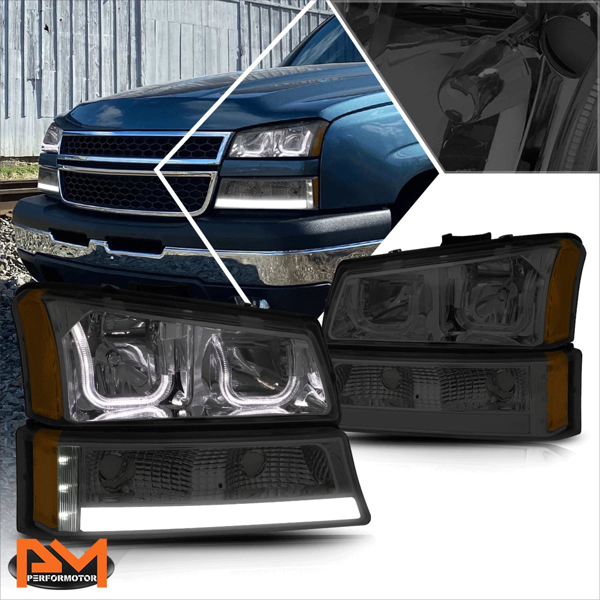 LED DRL Bar J-Halo Headlights Smoked/Amber for Chevy Silverado/Avalanche (2003–2006)