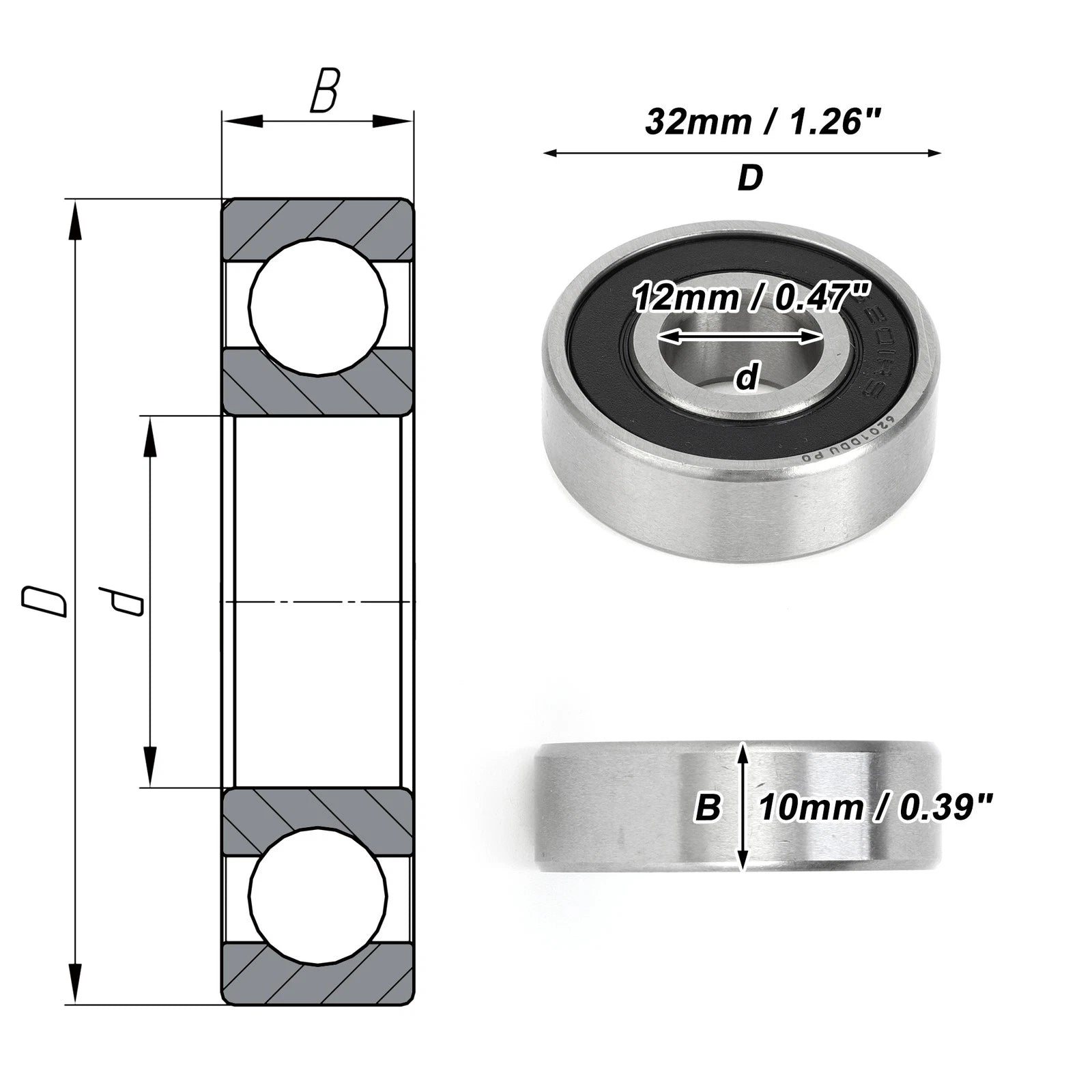 6201DDU Deep Groove Ball Bearing for Scooter Skateboard (P0 12x32x10mm)
