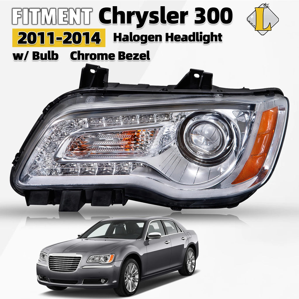 Halogen Headlight for Chrysler 300 (2011–2014) Left Side with Bulbs, Chrome Bezel