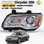 Halogen Headlight for Chrysler 300 (2011–2014) Left Side with Bulbs, Chrome Bezel