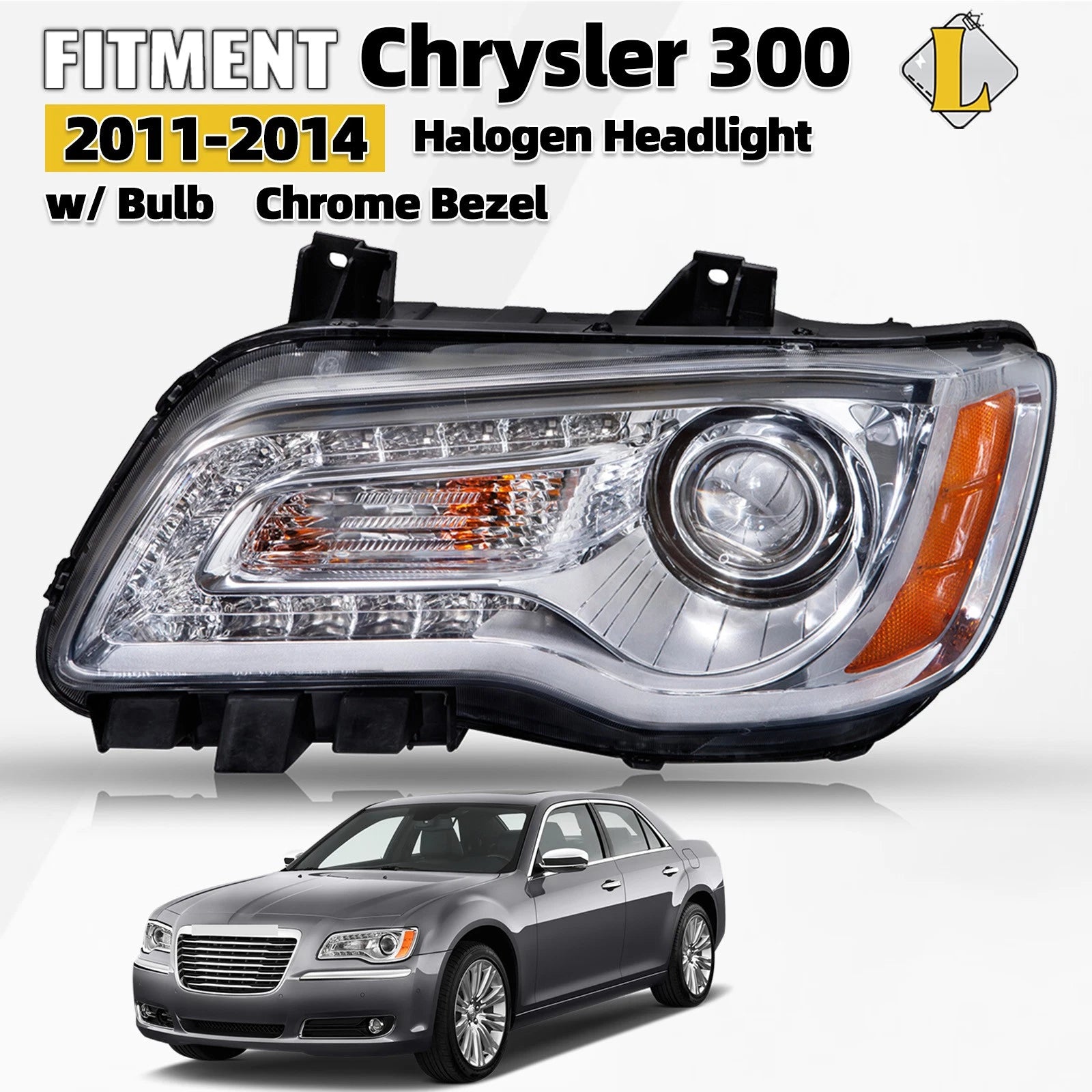 Halogen Headlight for Chrysler 300 (2011–2014) Left Side with Bulbs, Chrome Bezel