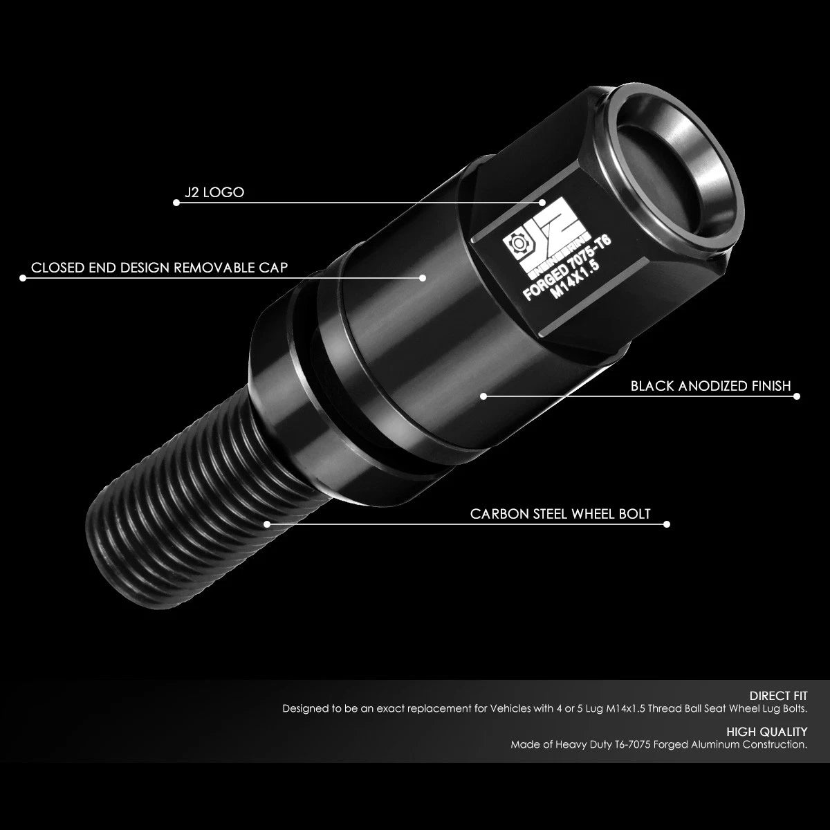 Set of 20 J2 Aluminum Black Closed End Lug Nuts M14x1.5 (23mm OD, 76mm H)