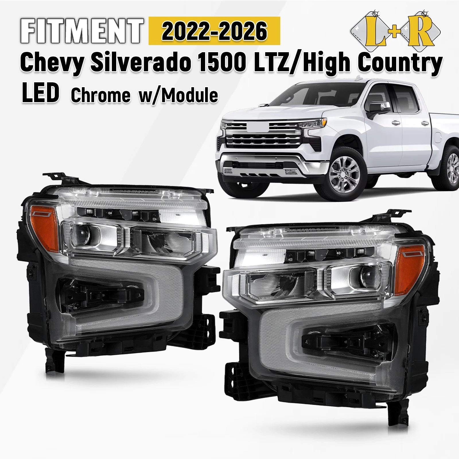 Set of 2 LED Headlights for Chevy Silverado 1500 LTZ (2022–2026) Chrome w/DRL