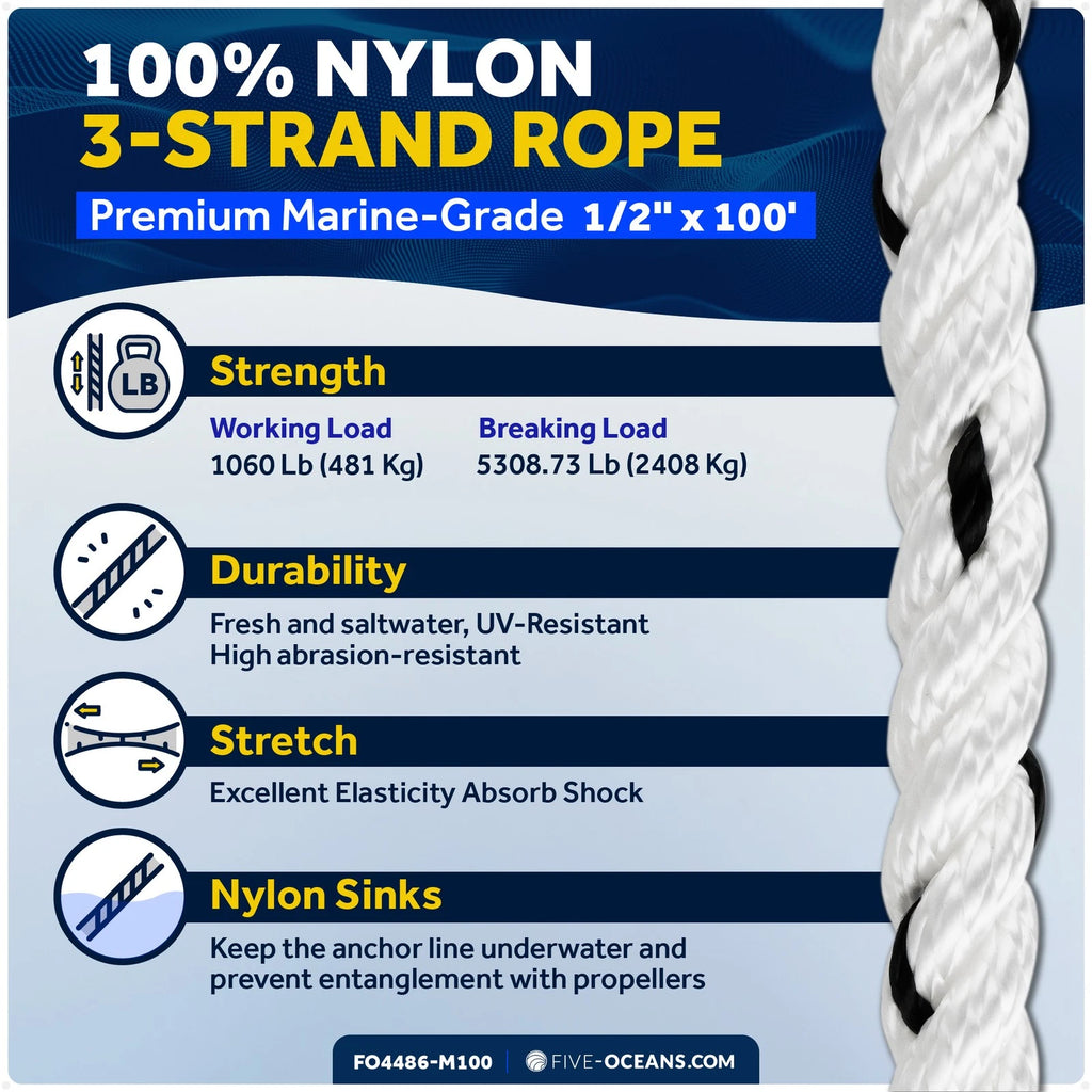 Boat Anchor Rope 1/2 inch x 100 ft - Marine Premium Nylon (3-Strand)
