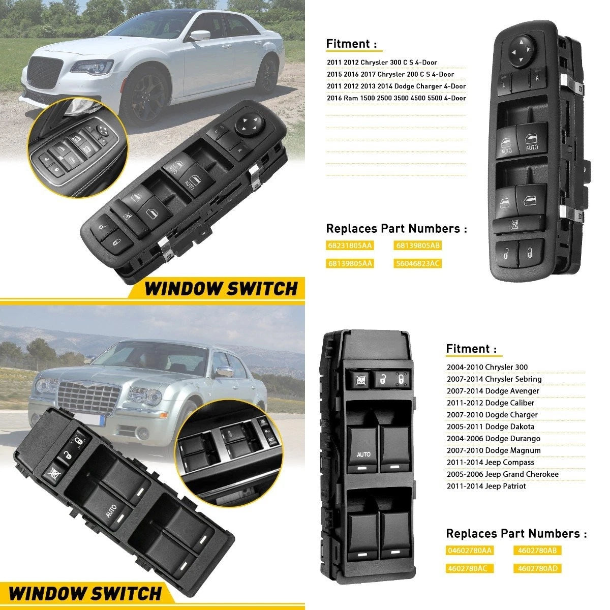 Master Window Switch Front Left for Dodge Charger (2011–2023) 68231805A H