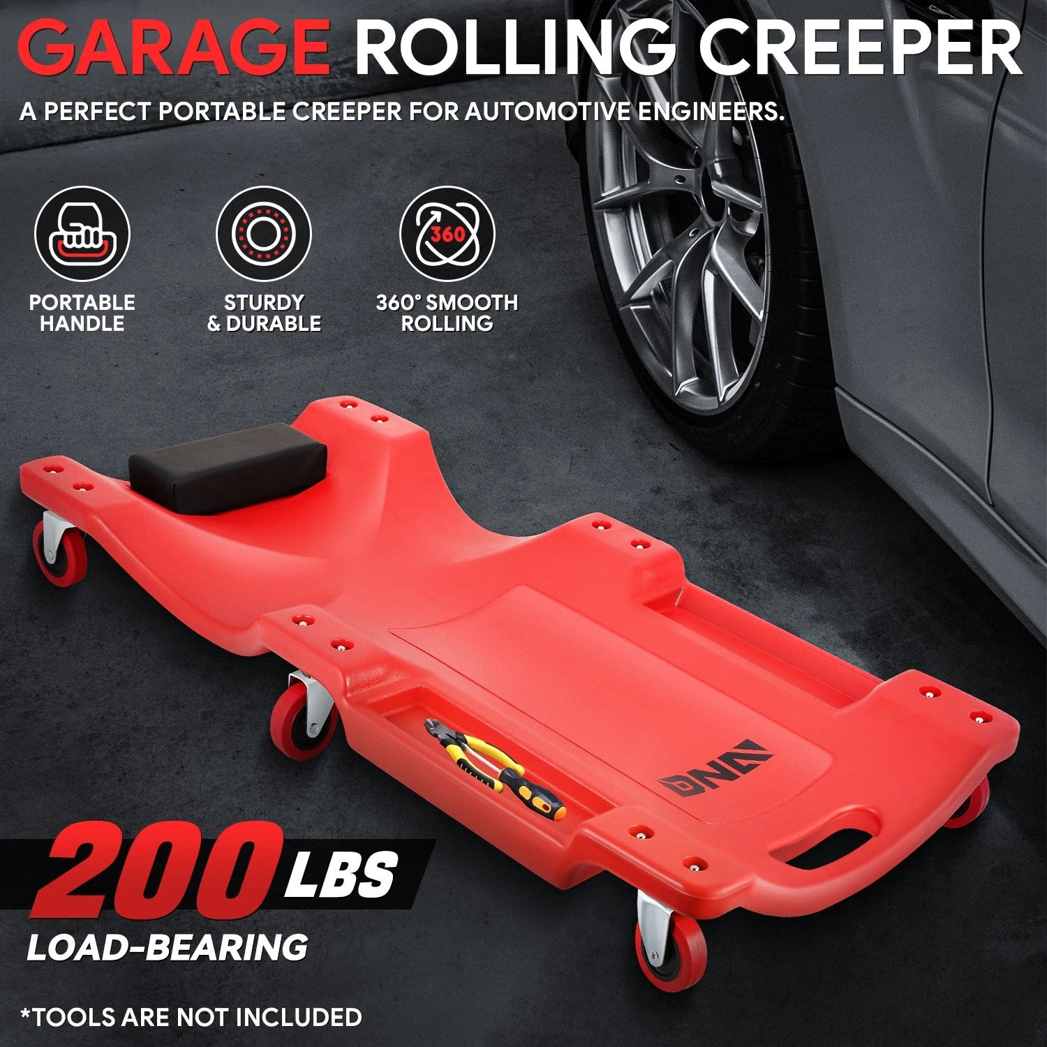 36" Low Profile Automotive Creeper for Vehicle Repair with Padded Headrest