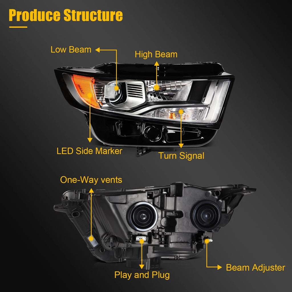 Pair of Headlights for Ford Edge (2015–2018) with Black Reflector