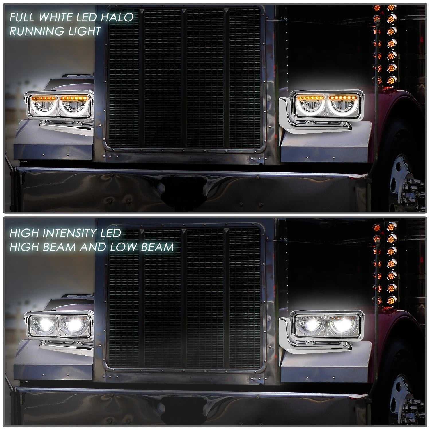 LED Halo Ring DRL Turn Signal Headlights Chrome for Peterbilt 359 379 389 (1981–2021)