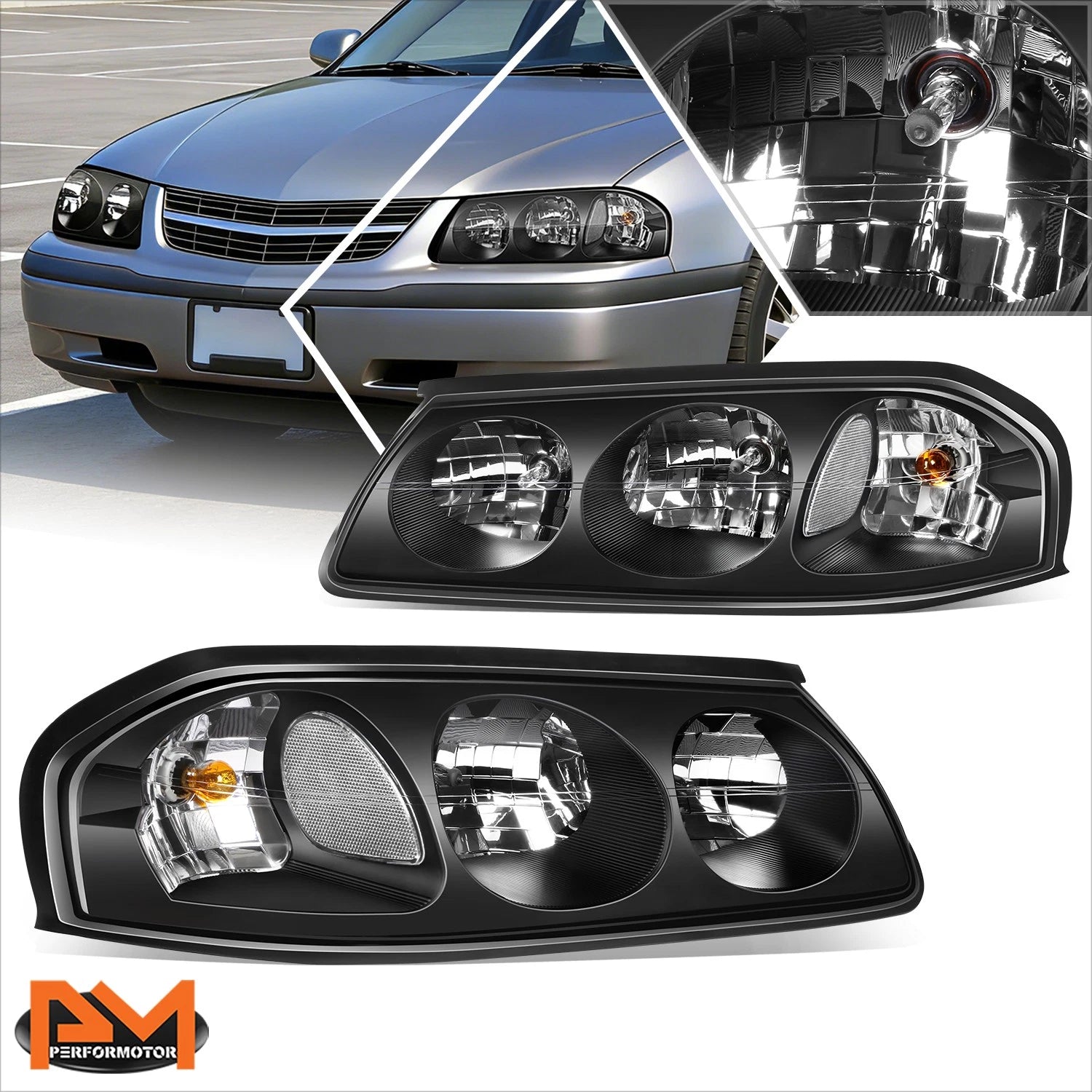Headlight Lamps Pair for Chevy Impala (2000–2005) Black Housing Clear Corner