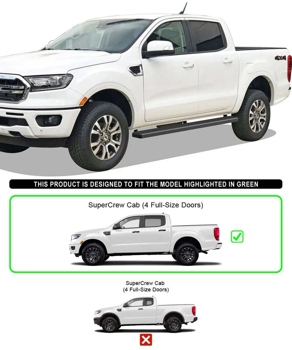 Running Boards for Ford Ranger SuperCrew Cab (2019-2026) - 5 Inch Matte Black