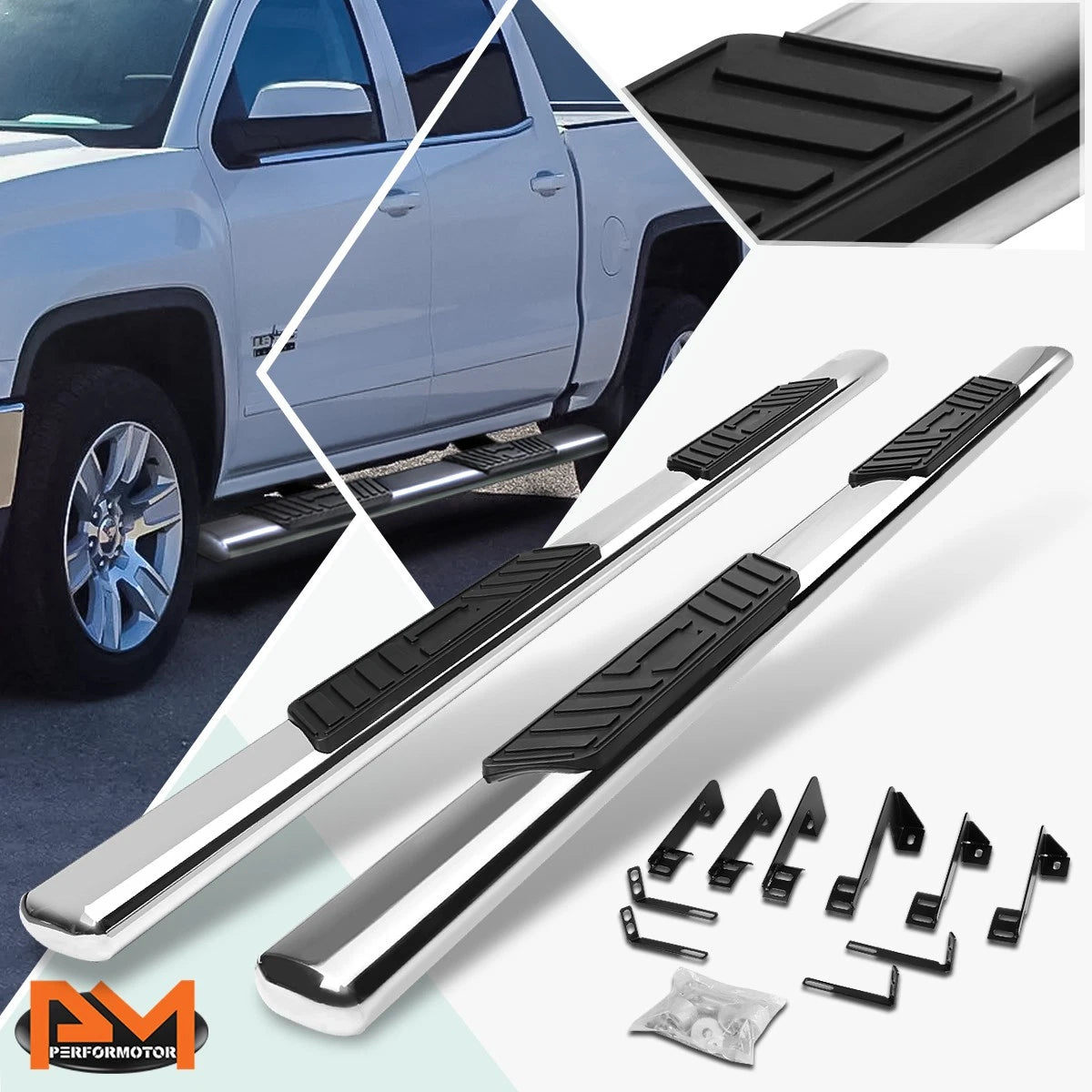 Set of 2 Chrome 5" Oval Side Step Nerf Bars for Silverado/Sierra (2001–2014)