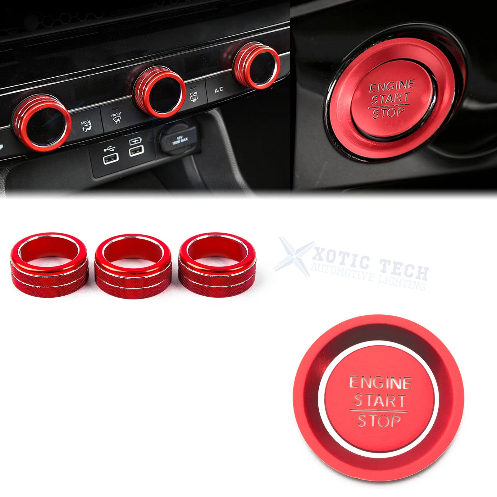 Red AC Climate Knob & Engine Start Button Cover for Honda Civic (2022–2024)